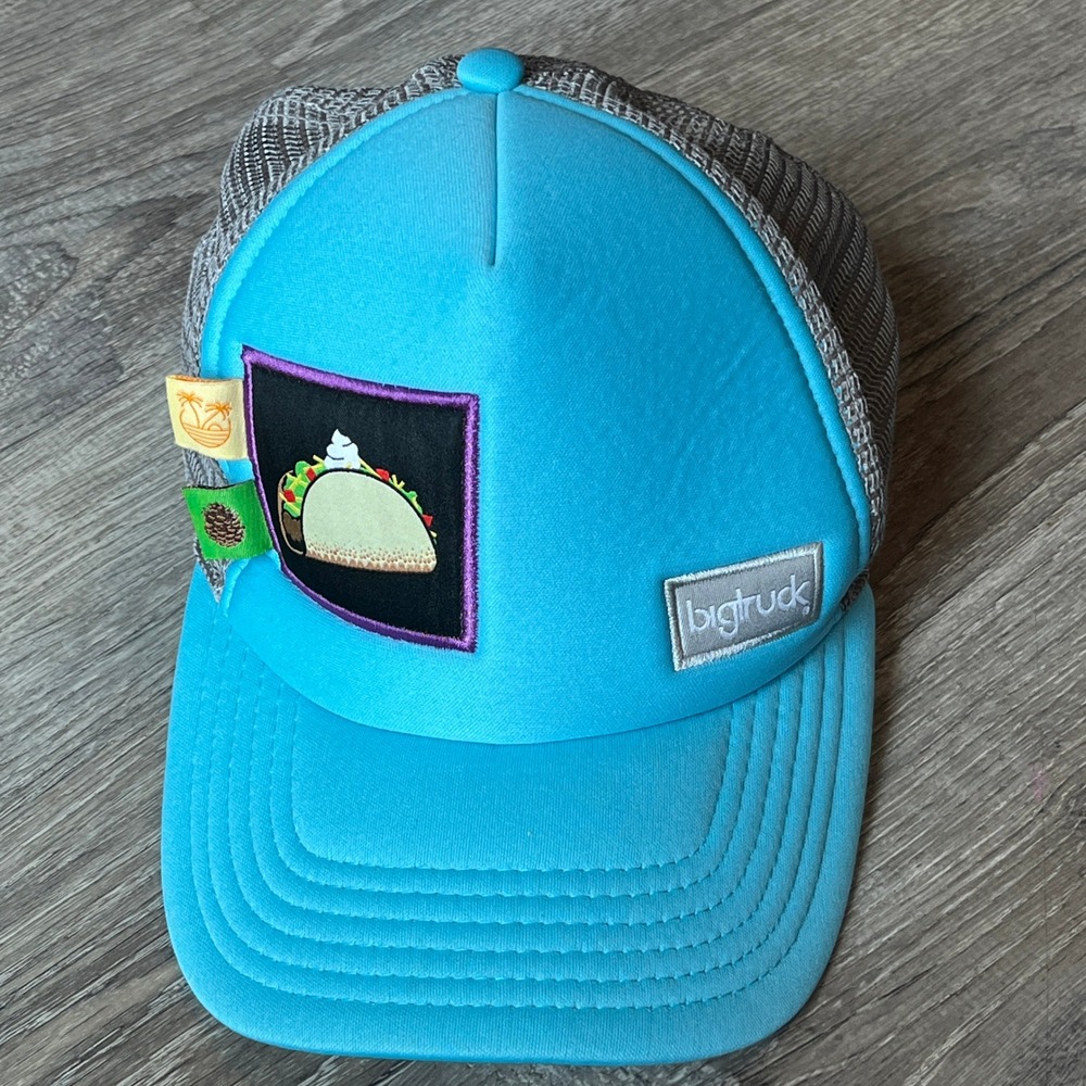 Bigtruck Taco Patch Trucker Hat Cyan Blue Grey Mesh Snapback California Mountain